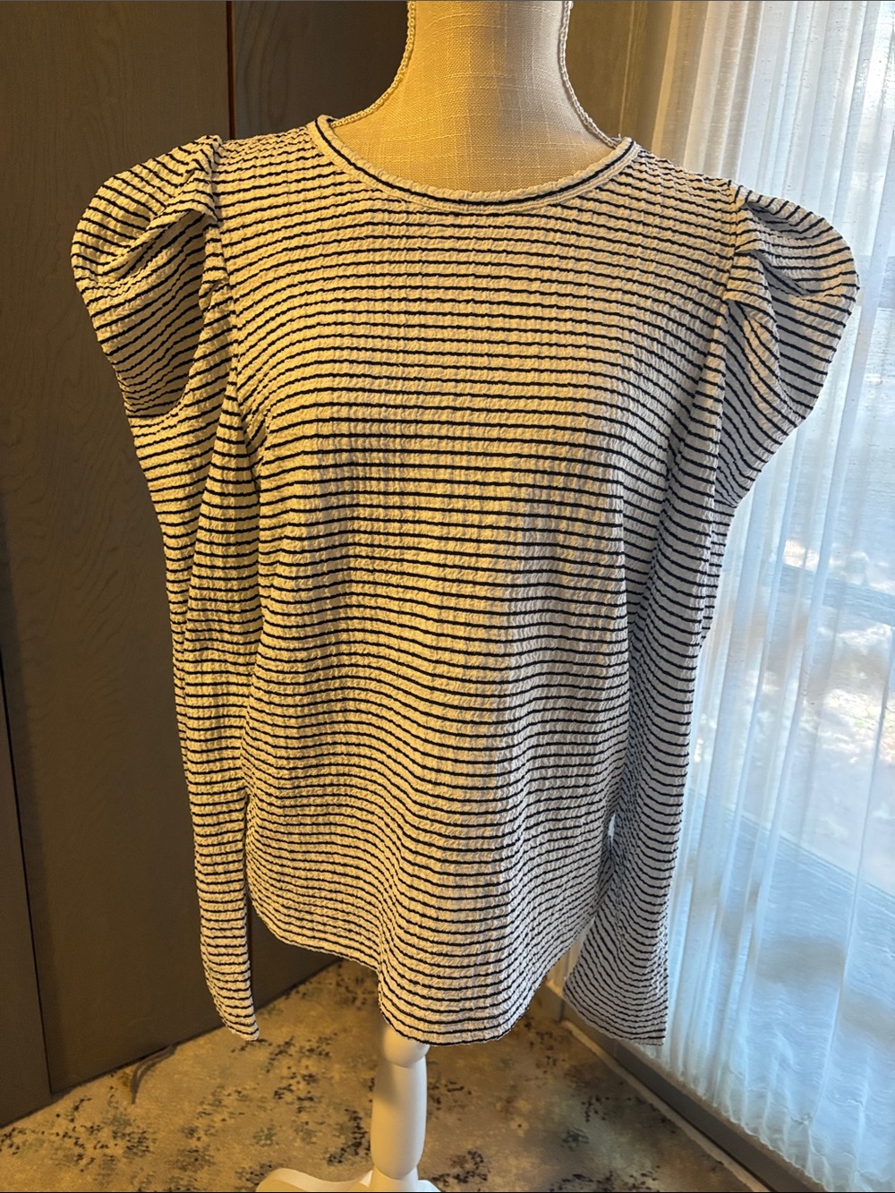 Loft Ann Taylor Dramatic Puff Sleeve Striped Top Long Sleeve Stretch